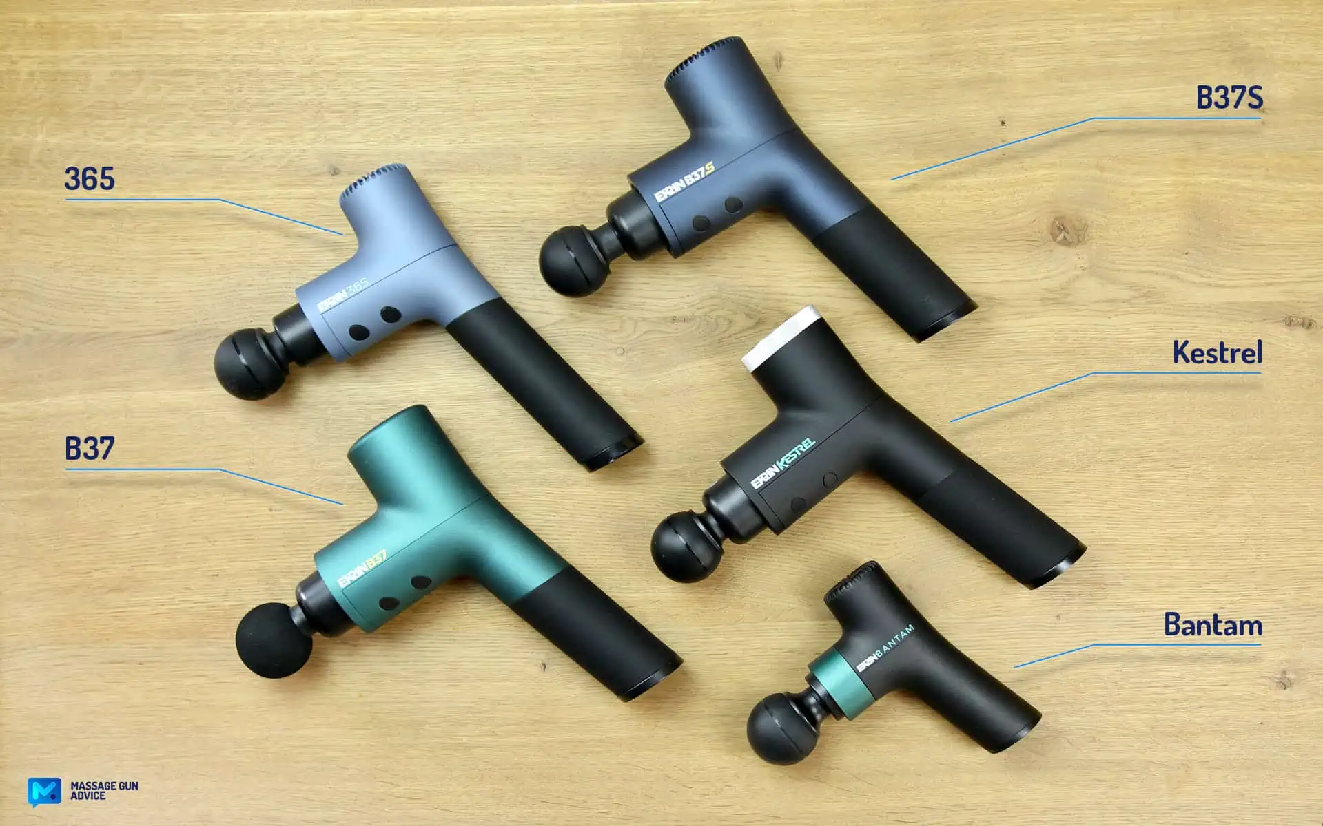 Ekrin Kestrel Review - Is This the Ultimate Massage Gun Unicorn? 15 Ekrin Athletics: five different colorful percussion massagers laying on a table. two are on the left side one above the other one. three are on the right side, one below the next one.
All manufactured by Ekrin Athletics