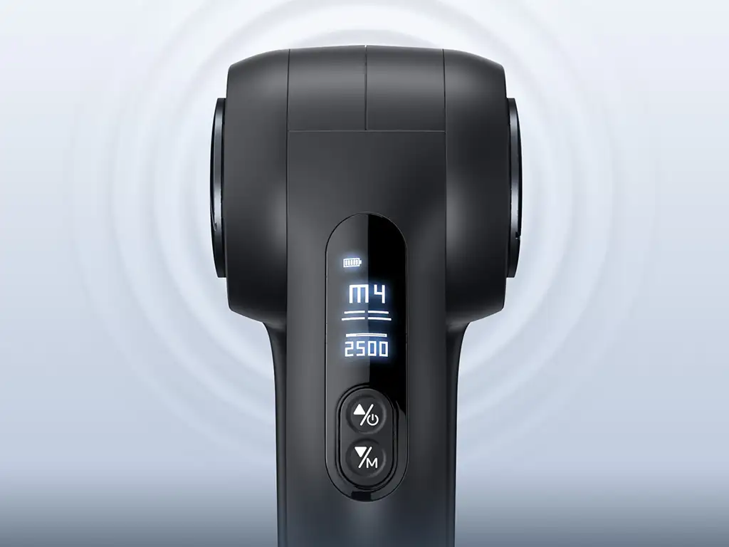 Bob and Brad D5 Pro Review: An Affordable Massage Gun For DOMs 35 bob and brad D5 Pro OLED Displays: Battery status, mode, stall force indicator, RPM and functional buttons are visible.