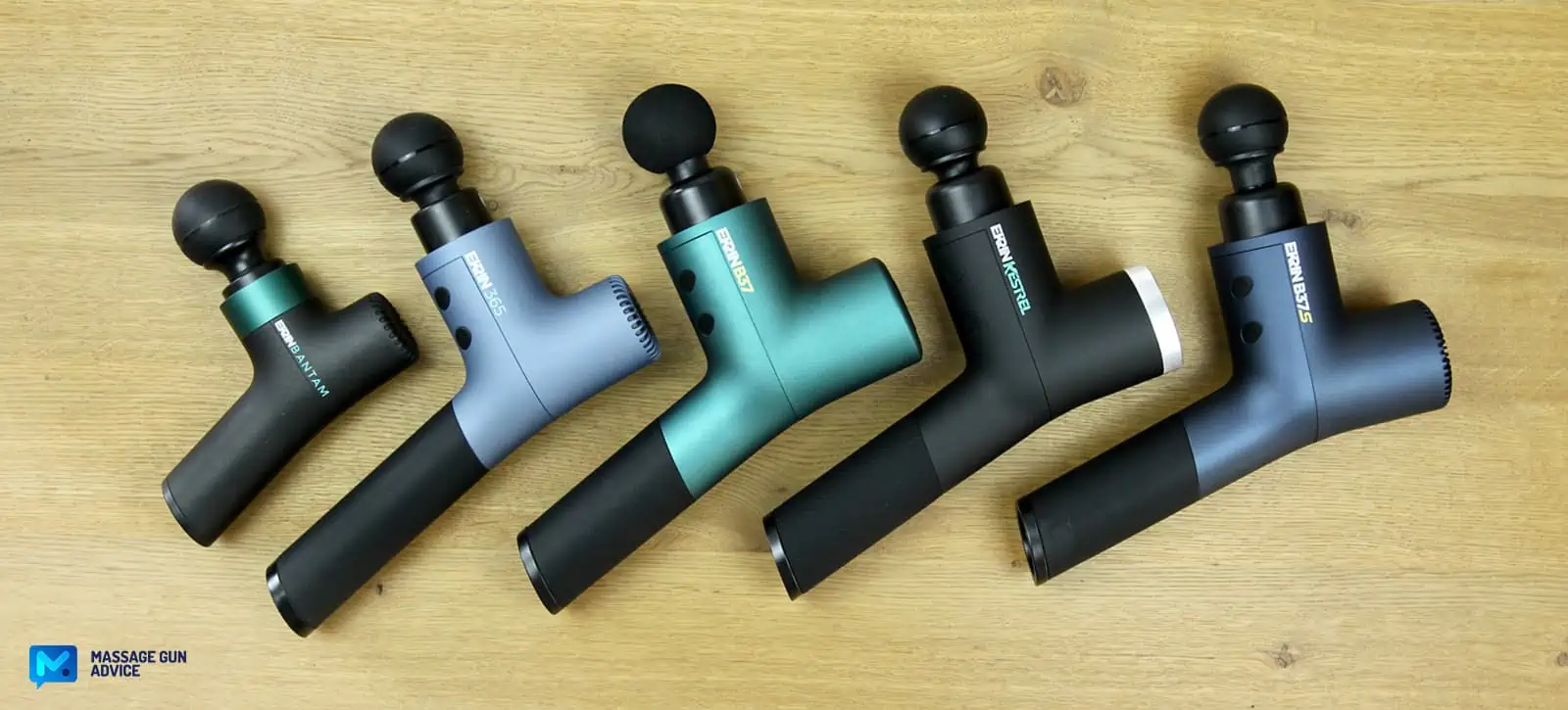 Ekrin Kestrel Review - Is This the Ultimate Massage Gun Unicorn? 14 Ekrin Athletics: five different colorful massage guns laying on a table one behind the other one from left to right