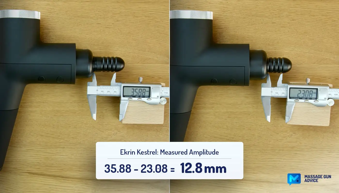 Ekrin Kestrel Review - Is This the Ultimate Massage Gun Unicorn? 30 Ekrin Kestrel review: Massage Gun laying on a table and a digital caliper is Measuring the Amplitude of the percussion head
