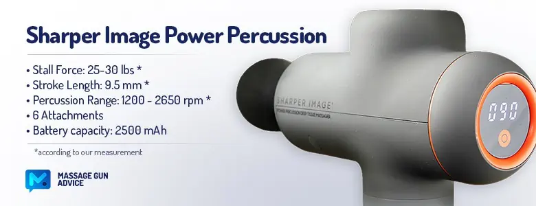 Sharper Image Massager Review – Good on the Outside but Only So-So In Performance 2 Sharper Image Power Percussion massage gun with Specifications table beside the percussion massager